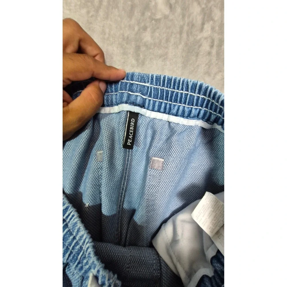 Peacebird Mens Blue Denim Cargo Shorts Elastic Waist Shark Bottom Patch 34